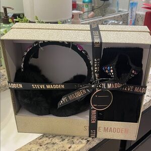 Steve Madden Black Faux Fur Earmuffs and Rhinestone Trim Gloves Set